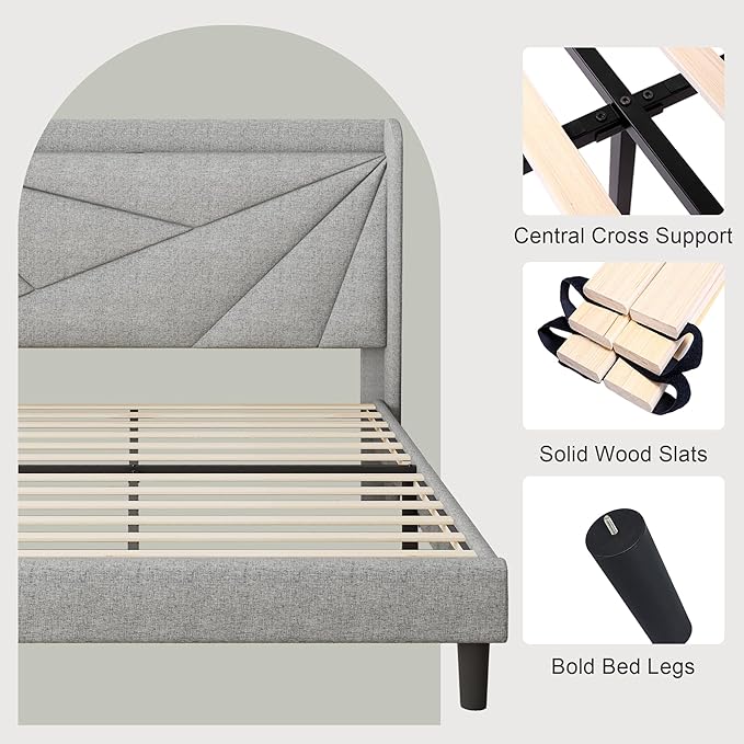 Feonase Queen Bed Frame with Charging Station, Linen Upholstered Platform Bedframe with Wingback Headboard, Solid Wood Slats Support, Noise Free, No Box Spring Needed, Light Grey