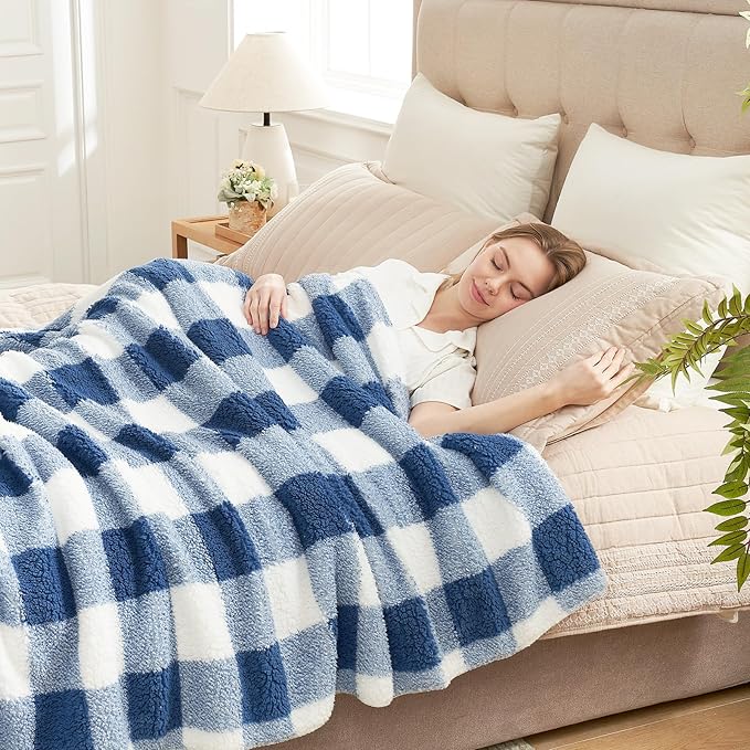 Cozy Bliss Ultra Soft Reversible Double Sherpa Sided Blanket, Buffalo Plaid Throw Blanket Fluffy Thick Warm Plush Fuzzy Blanket for Couch, Bed and Gifts (Navy Blue, 60" x 80")
