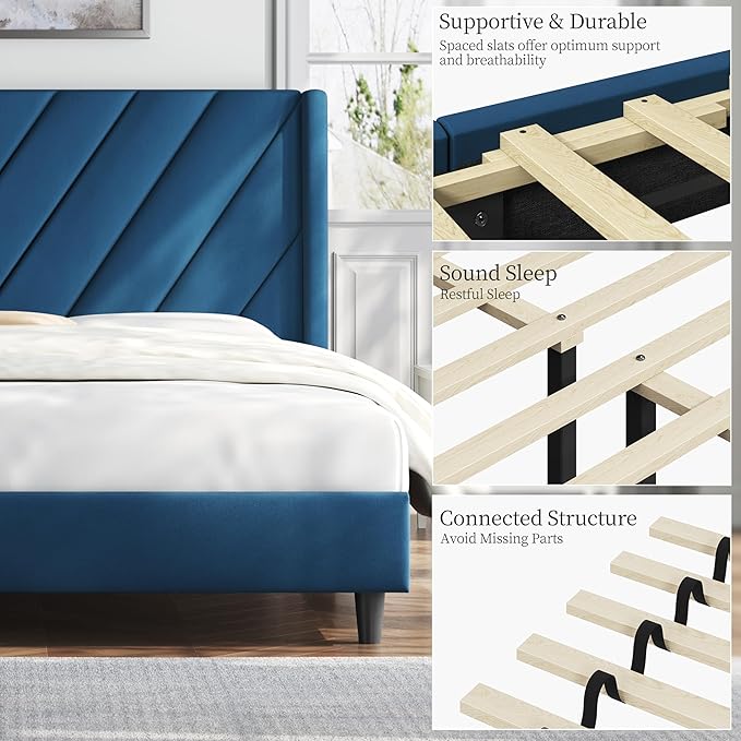 Yaheetech Queen Bed Frame Upholstered Platform Bed with Wing Side/Wooden Slat Support/Tufted Headboard with Wing Side/Mattress Foundation/No Box Spring Needed,Blue Queen Bed