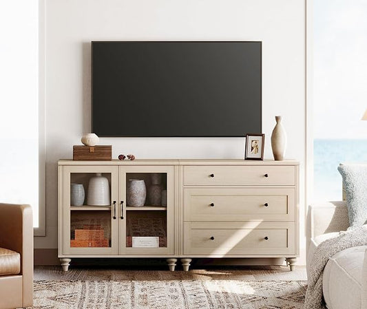 WAMPAT TV Stand for 75 Inch TV, Wood TV Cabinet Entertainment Center Television Stands for Living Room, 2-in-1 Sideboard Buffet Cabinet with Glass Door & Drawer for Kitchen, Light Oak