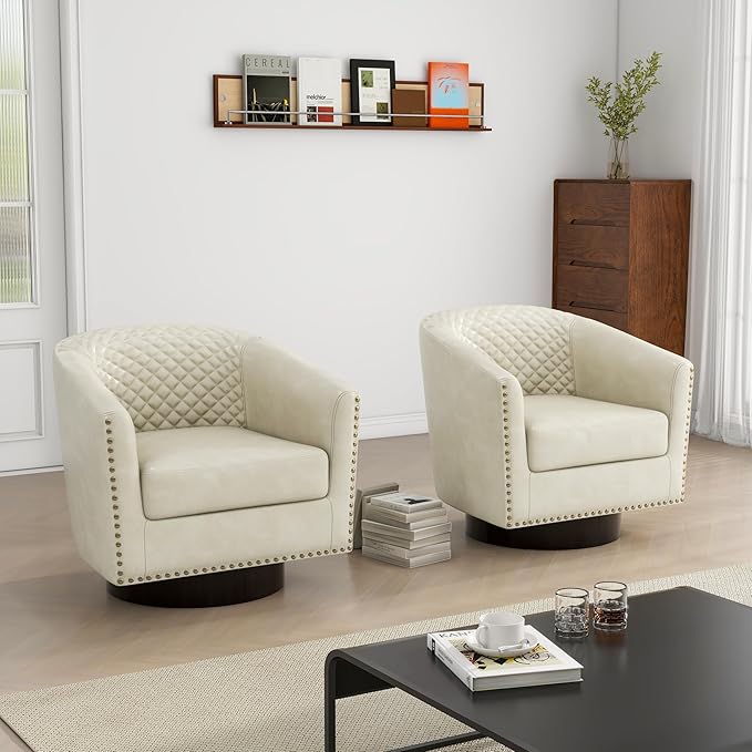 Swivel Barrel Accent Chair, Comfy Modern Upholstered Round Faux Leather Arm Chair for Living Room, Bedroom（Beige, Set of 2