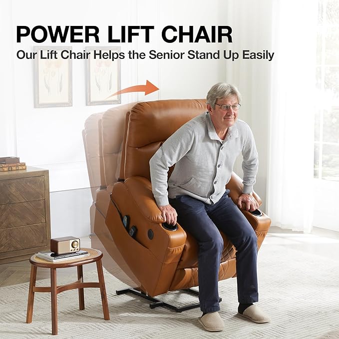 Dual Motor Power Lift Recliner Chairs with Heat and Massage for Elderly, Leather Recliners with Extented Footrest,Infinite Position Lift Chair with Cupholder,USB & Type C Ports(Light Brown)