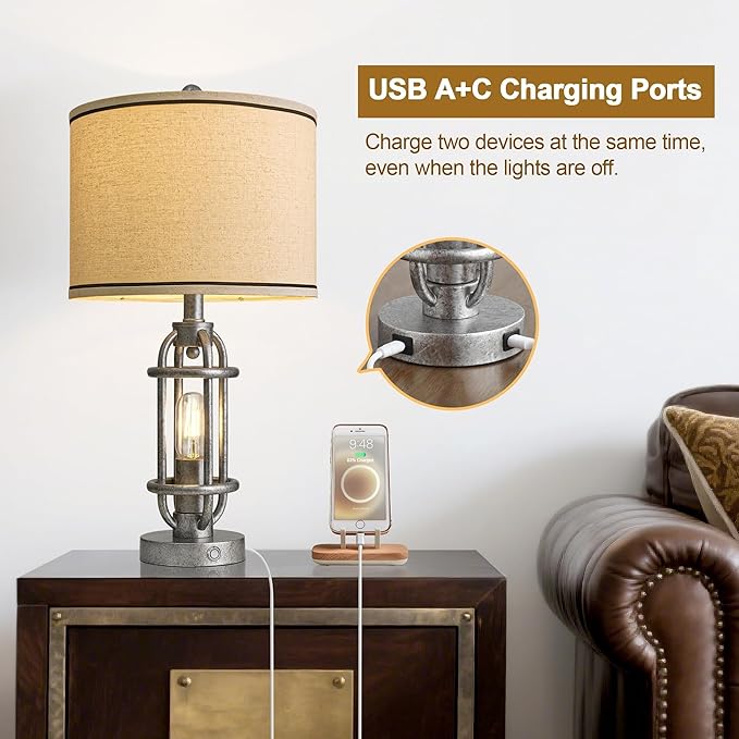 23.75'' Table Lamps Set of 2 for Living Room Bedroom Industrial Farmhouse Metal Touch Lamps with USB A+C Ports, Night Light Vintage Nightstand Bedside Lamp, Bulbs Included, Antique Silver