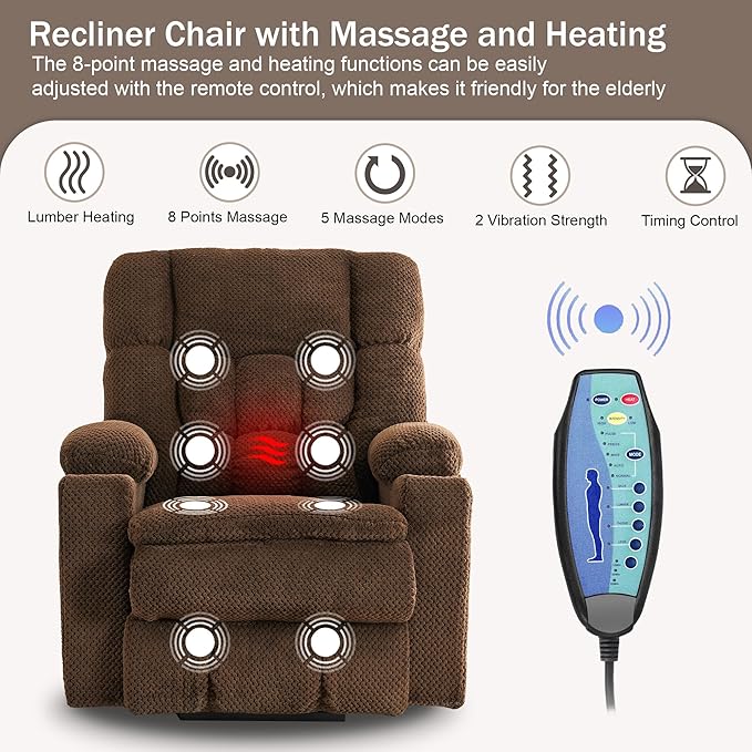 SALOHZA Power Lift Recliner Chair for Elderly with Massage and Heat for Living Room, Electric Recliner Chair for Adults with USB/Type C Port/Cup Holders, Velvet Fabric, Coffee