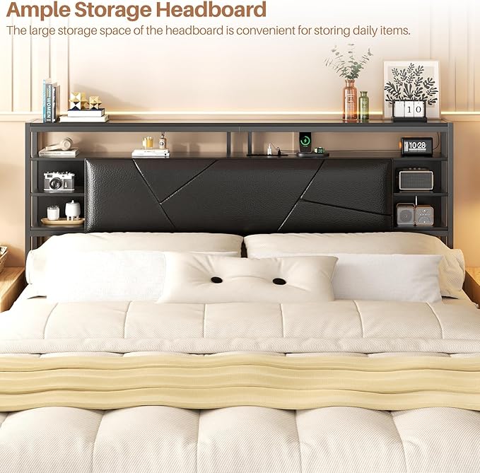 Queen Size Headboard with Charging Station and Smart RGB LED Lights, Queen Bed Upholstered Head Board with Storage Shelf, Sturdy and Solid Headboards for Bedroom, Guest Room and Dorm, Black