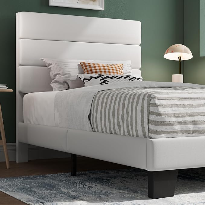 SHA CERLIN Twin Platform Bed Frame with Velvet Upholstered Headboard, Mattress Foundation with Strong Wooden Slats Support, No Box Spring Needed, White