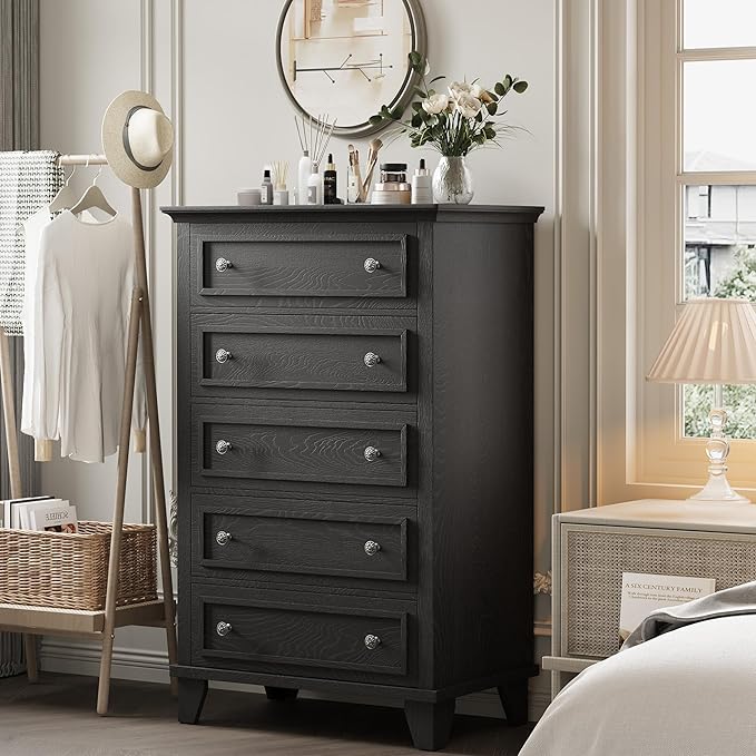 GAOMON Black 5 Drawer Dresser for Bedroom, 48" Tall Wood Dresser & Chests of Drawers with Deep Drawers, Modern Chest Organizer with Metal Handles for Living Room, Hallway, Entryway