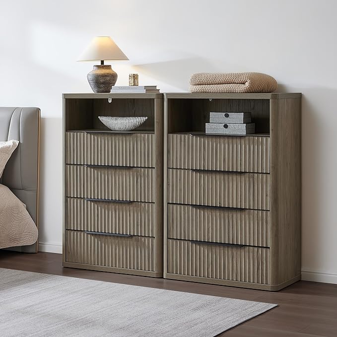 SICOTAS Dresser for Bedroom - Tall Dressers & Chests of Drawers with 4 Drawers Large Modern Dresser for Closet Fluted Wide TV Stand Clothes Closet Storage for Bedroom Hallway Entryway, Grey Alder