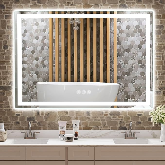 LED Mirror for Bathroom 36"x 48" with Frontlit and Backlit, Anti-Fog Mirror with Lights, Stepless 3 Colors Temperature & Dimmable Bathroom Mirror