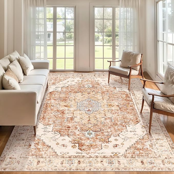 Tangsoo 5x7 Area Rug Washable Rug for Living Room, Vintage Indoor Non Slip Large Area, Print Distressed Brick Red Carpet, Soft Low Pile Foldable for Bedroom Dining Room Dorm