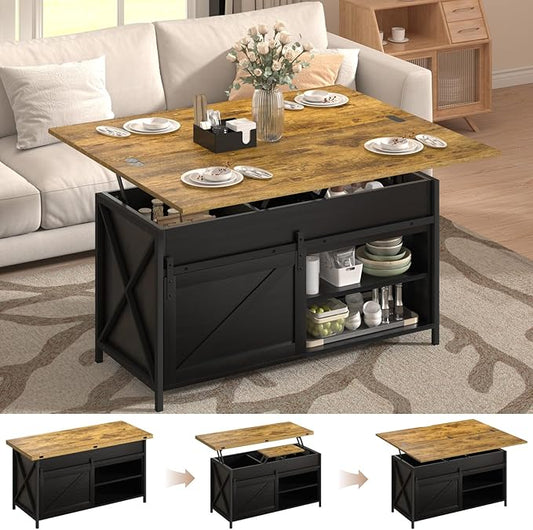 Lift Top Coffee Table with Storage and Sliding Door, 4 in 1 Multi-Function Convertible Tea Table with Hidden Compartment, Farmhouse Center Table with Wood Lift Tabletop for Living Room Black