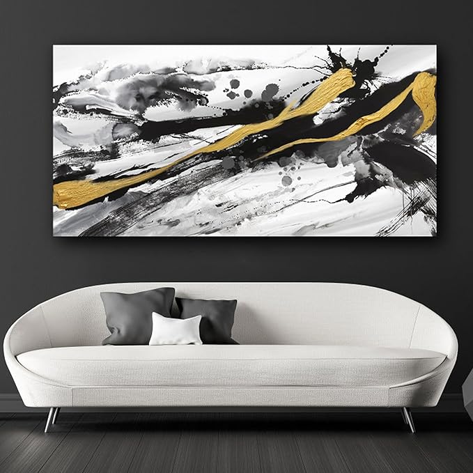 XLSJERST Black and White Abstract Wall Art - Canvas Wall Art for Living Room Bedroom Modern Gold Ink Painting Style Picture Artwork for Wall Decor Size 29x58 Inches