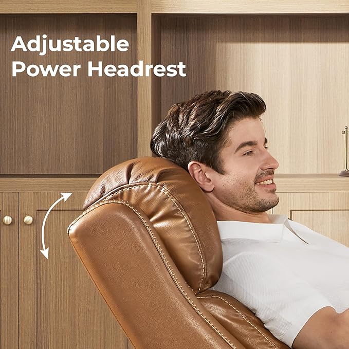 CHITA Genuine Leather Power Recliner Chair for Adults, Electric Wall Hugger Recliner with Adjustable Power Headrest & USB/Type-C Ports, Compact for Small Spaces & Living Rooms, Saddle Brown