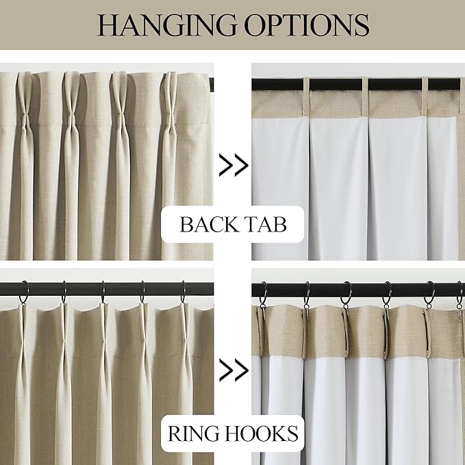 Vision Home Sand Pinch Pleated Full Blackout Curtains Linen Blended Room Darkening Window Curtains 102 inch for Living Room Bedroom Thermal Insulated Pinch Pleat Drapes with Hooks 40" Wx102 Lx2