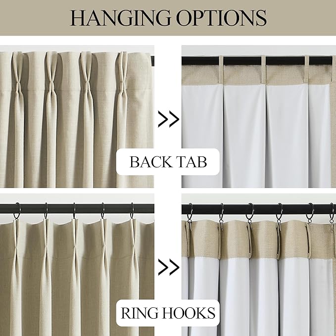 Vision Home Sand Pinch Pleated Full Blackout Curtains Linen Blended Room Darkening Window Curtains 108 inch for Living Room Bedroom Thermal Insulated Pinch Pleat Drapes with Hooks 60" Wx108 Lx1