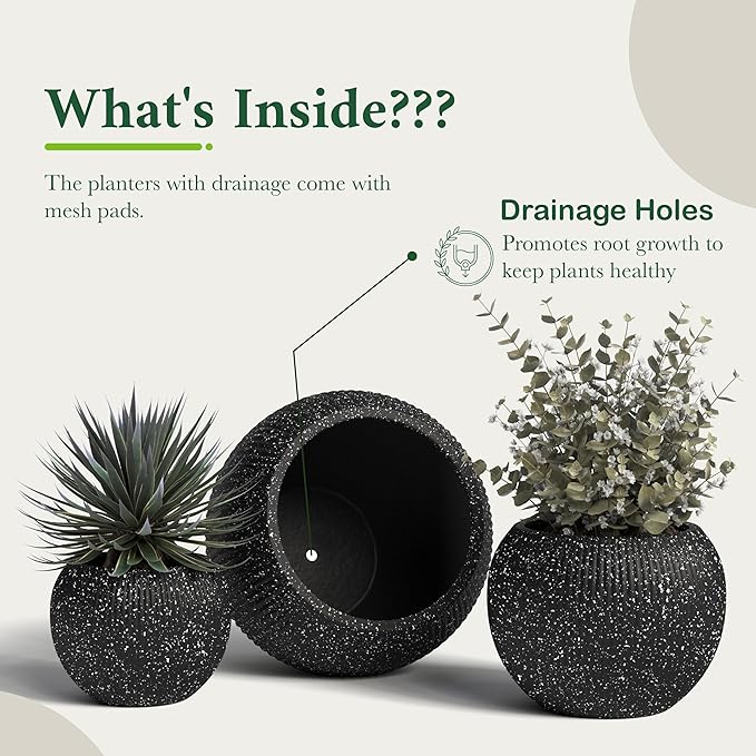 DTY Signature Mount Sherman Modern Indoor Outdoor Fiberstone Sphere Planter, Durable Round Garden Pot, Weather Resistant, Drainage Hole & Rubber Plug,Planter for Christmas Tree (Ribbed Black, Medium)