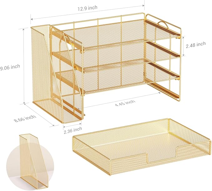 Desk Organizer and Accessories, 4-Tier Desktop File Organizer with Drawer and 2 Pen Holders, Office Desk Accessories for Office Supplies(Gold)