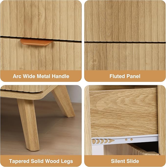 Fluted 3 Drawer Small Dresser for Bedroom, Mid Century Modern Nightstand with Charging Table Top, Low Bedside Table for Closet Cloth, End Table Short Storage, Living Room, Dorm - Natural