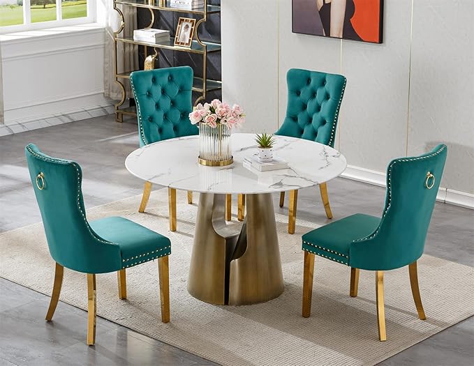 5-Piece Faux Marble Round Dining Table Set for 4, Modern Luxury Kitchen Table Set for 4 with Green Tufted Chairs,Circle Dining Tables with White Marble Grain Top and Bronze Pedestal Base