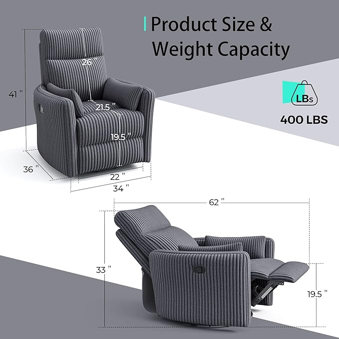 LINSY 360 Swivel Recliner Chair: Corduroy Rocking Chair Nursery Glider Chairs with 2 Pillows Comfy High Back Adult Recliner for Small Spaces, Living Room Bedroom Nursery Reclining Chairs, Dark Grey