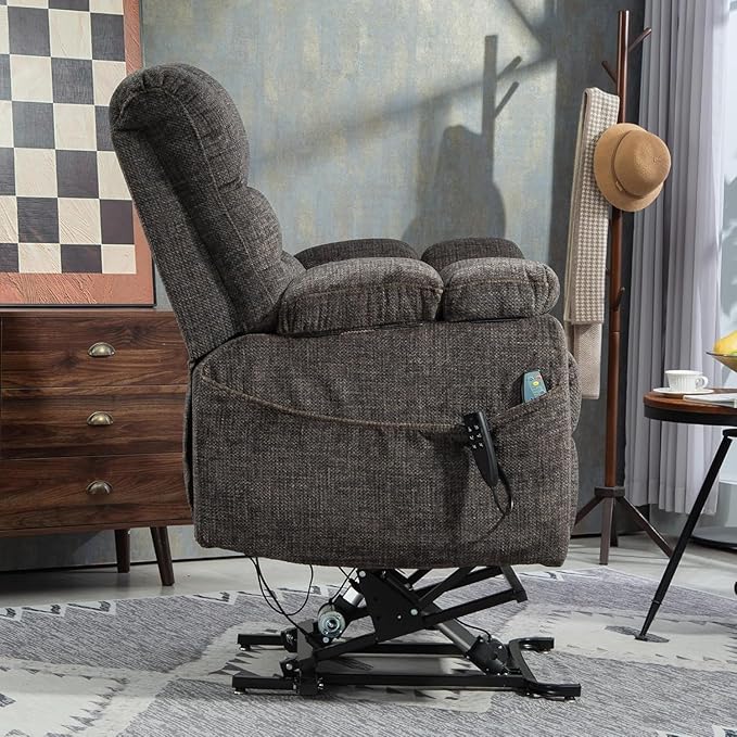 3-Motor Lift Chair with Adjustable Seat Height Zero Gravity Lay Flat Recliner with Heat Massage - Flip Arm Storage Cup Holders - Power Lift Recliner for Elderly – Big Tall 400 lbs (Dark Charcoal Grey)