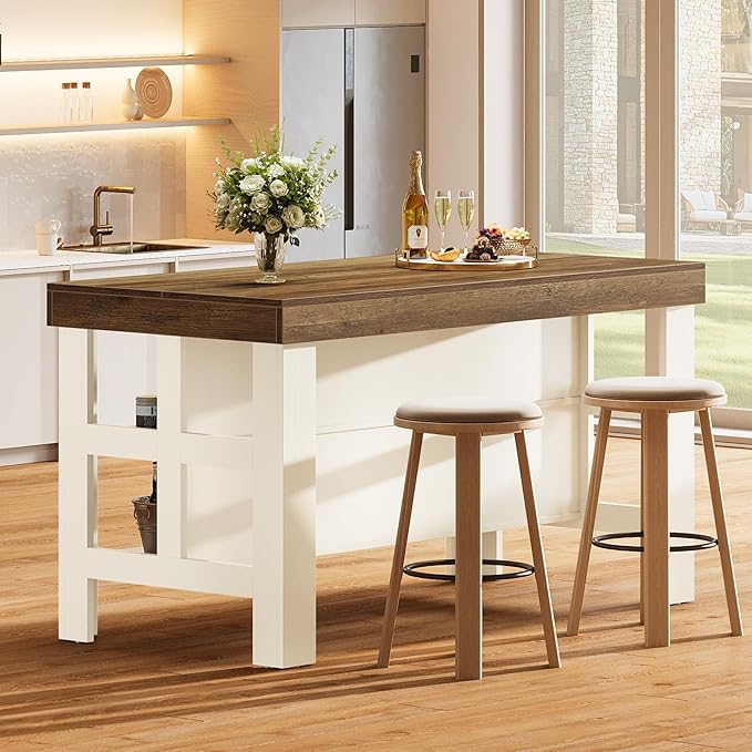 Tribesigns Kitchen Island with Seating and Storage Shelves, 55.1-Inch Breakfast Counter Farmhouse Island Table for Kitchen Dining Room