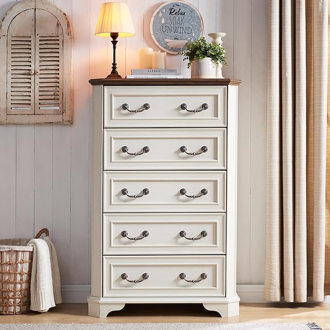 T4TREAM Farmhouse 5 Drawers Dresser for Bedroom, 48" Tall Wood Rustic Chest of Drawers with Natural Texture, Vintage Design, Storage Dressers Organizer for Bedroom, Living Room, Hallway, Antique White
