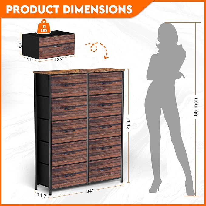 Dresser for Bedroom with 10 Drawers, Chest of Drawers, Storage Drawers Organizer Unit, Grey Wide Fabric Dresser with Fabric Bins for Closet, Living Room, Entryway (Brown and Rustic Brown)