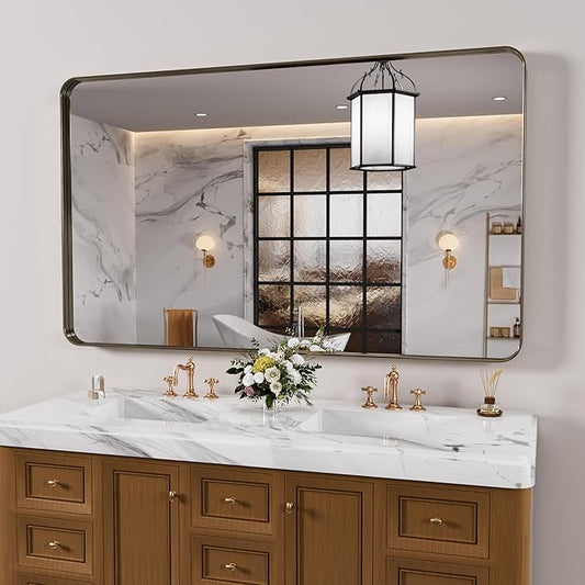 Bronze Bathroom Mirror 55x30 Inch, Brushed Bronze Metal Frame Mirror for Wall, Rounded Rectangle Bathroom Vanity Mirror with Tempered Glass, Anti-Rust, Horizontal/Vertical