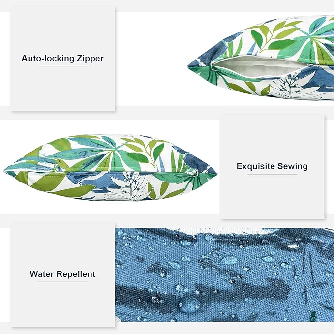 Outdoor Throw Pillows with Inners, All Weather Patio Pillows Set of 2, Square Pillows Decorative for Home Garden Furniture, 20x20 Inch, Islamorada Blue Green