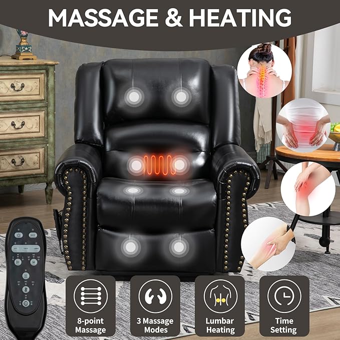 Power Lift Recliner Chair for Elderly, Dual Motor Massage Recliner with Lumbar Heat, Heavy Duty Motion Mechanism Lift Chair with Charge Ports, Genuine Leather - Black