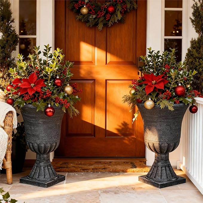 22" Urn Planters Outdoor Planter for Plants Set of 2 Timeless Plastic Large Flower Pot with Drainage Hole Handmade Washed Black Finish Garden Pots for Porch, Patio Christmas Decor