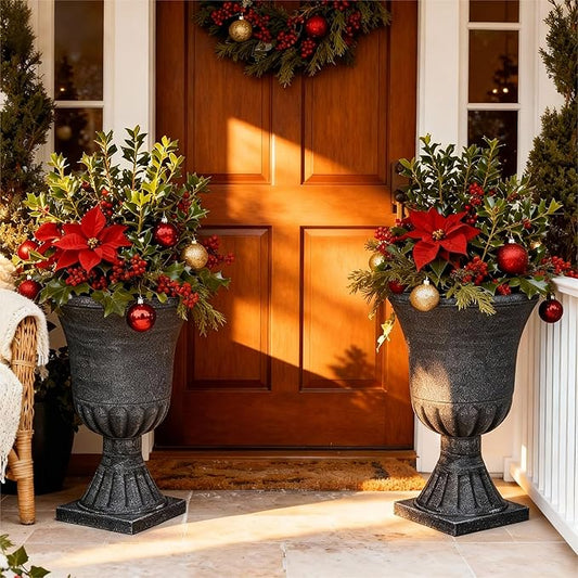22" Urn Planters Outdoor Planter for Plants Set of 2 Timeless Plastic Large Flower Pot with Drainage Hole Handmade Washed Black Finish Garden Pots for Porch, Patio Christmas Decor
