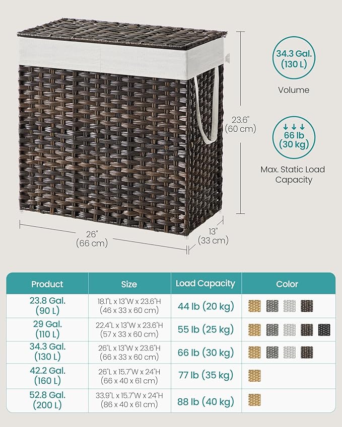 SONGMICS Laundry Hamper with Lid, 130L Clothes Hamper with 2 Removable Liner Bags and 6 Mesh Bags, Wicker Laundry Basket, Double Laundry Hamper for Bathroom, 13 x 26 x 23.6 Inches, Brown ULCB253K01