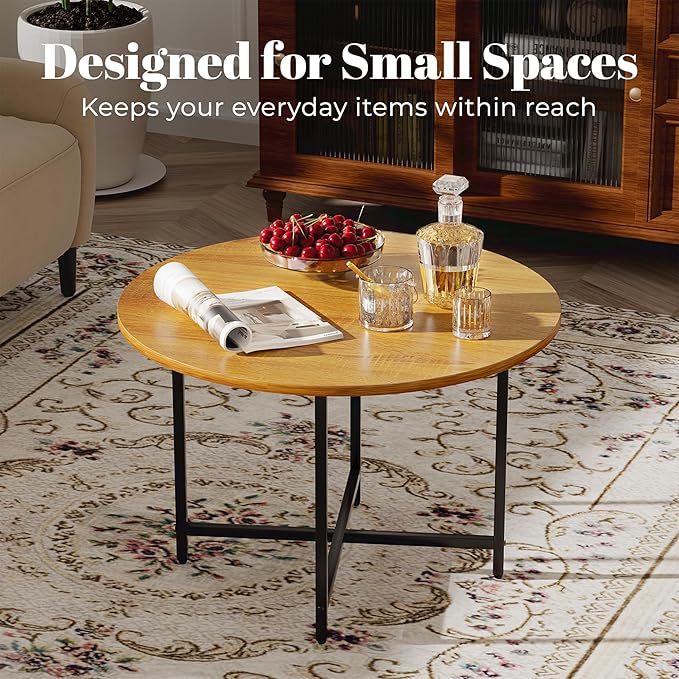 Round Coffee Table, Small Coffee Tables for Living Room, Wood Coffee Table with Metal Frame, Floor Table Desk for Sitting on The Floor, Home, Office, Farmhouse, Honey Brown (23.6"D x 17.7"H)