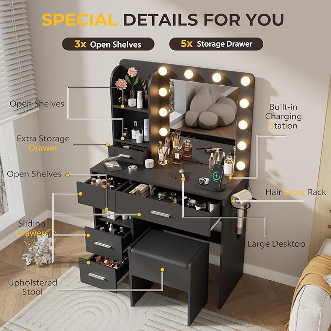 Vanity Desk with LED Lighted Mirror&Power Outlet, 3 Lighting Colors Makeup Vanity Desk with 5 Large Drawers and 3 Storage Shelves, Black Vanity Dresser with Storage Stool for Bedroom
