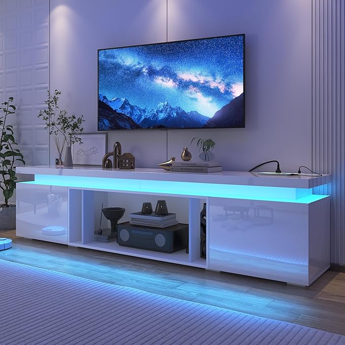 71Inch LED TV Stand for 80Inch TV, Modern TV Stand with Power Outlet, High Gloss TV Console Entertainment Center with Storage for Living Room (71 Inch, White)