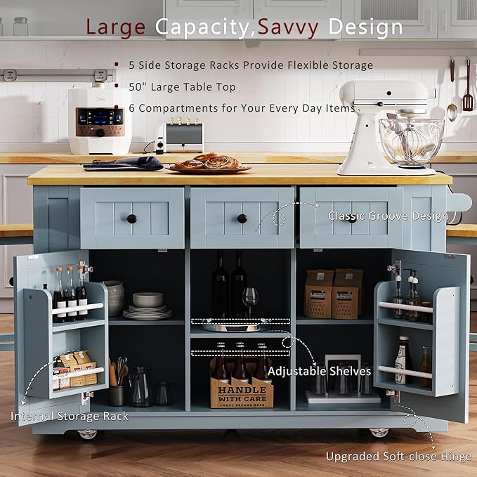 Large Kitchen Island Cart on 5 Wheels with Power Outlet, Drop Leaf, 3 Drawers, Kitchen Storage Cart with 5 Open Side Racks for Kitchen, Dining Room, Home Bar Grey Blue