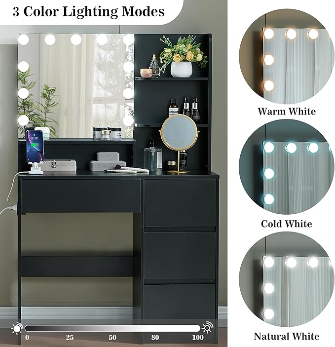 Black Vanity Desk with Mirror and Lights- Makeup Vanity Table Set with Power Outlet, 4 Drawers and Stool, Small Makeup Table with 3 Lighting Color Adjustable for Bedroom