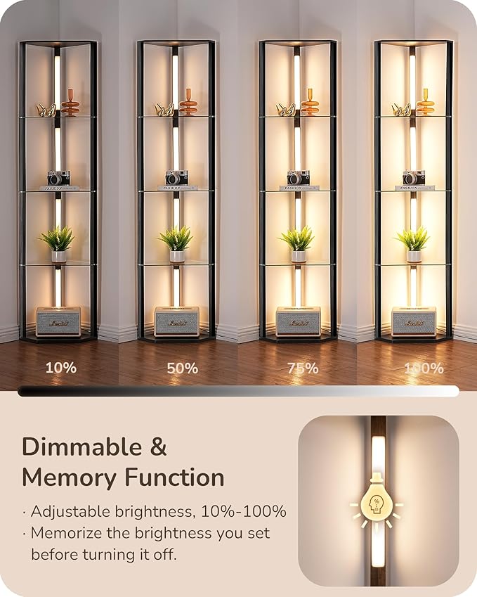 EDISHINE Modern Floor Lamp with Shelf, 5 Color Temperatures, 5-Tier Book Shelf with Light & Remote, Sturdy Floor Lamp for Living Room, Bedroom, Black