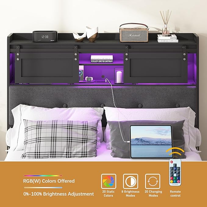 Decoholic Queen Size Headboard Only with Storage, Upholstered Headboard with Charging Station and LED Light, Sturdy and Stable, Easy to Assemble (Black+Barn Door, Queen)