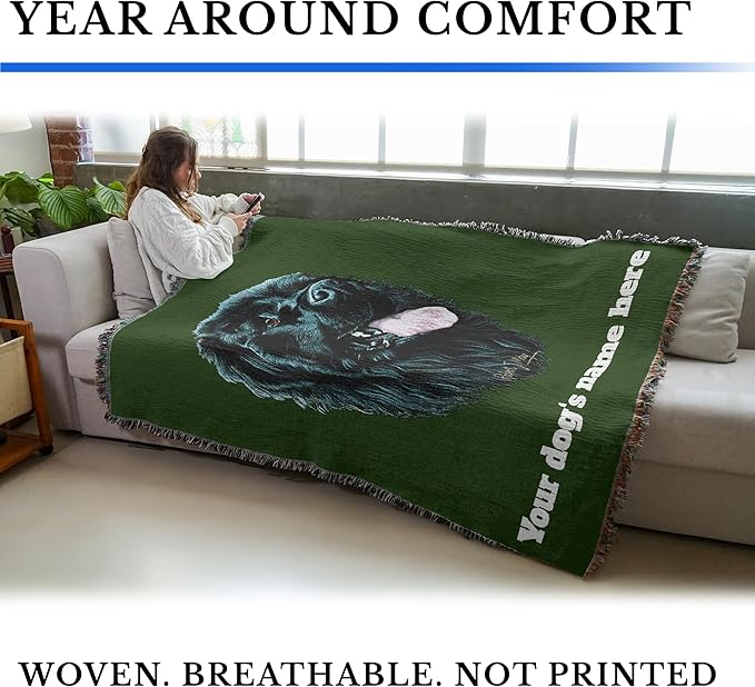 Pure Country Weavers Newfoundland Dog Personalized Woven Blanket Green by Robert May - Gift Cotton Tapestry Throw - Made in The USA - 72" x 54"