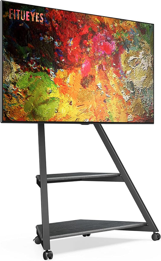 FITUEYES Design Corner TV Stand with Wheels for 43 55 65 70 75 Inch TV, Black TV Cart Floor Stand, Modern TV Stand with Wooden Storage Shelves, Eiffel Series