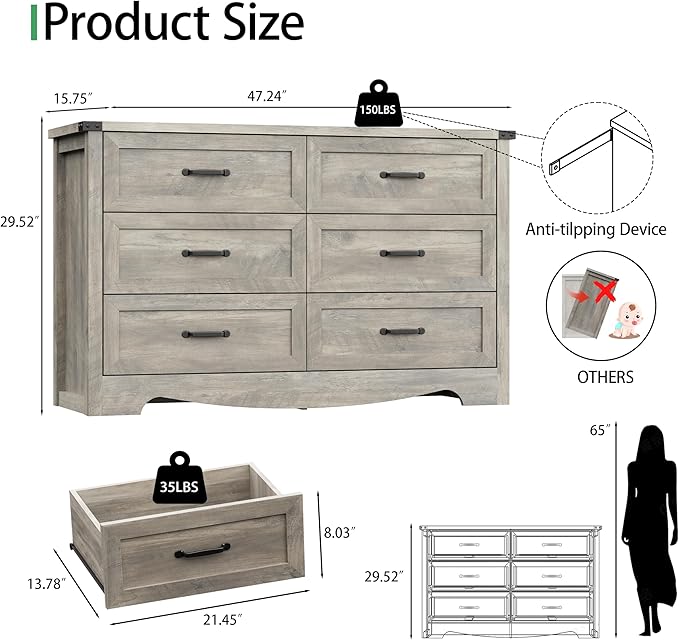 Dresser for Bedroom with 6 Drawers, 48" Wide Wood Chest of Drawers with Deep Drawers & Mental Handle, Modern Dresser TV Stand, Wooden Closet Storage Organizer for Living Room, Hallway, Entryway, Grey
