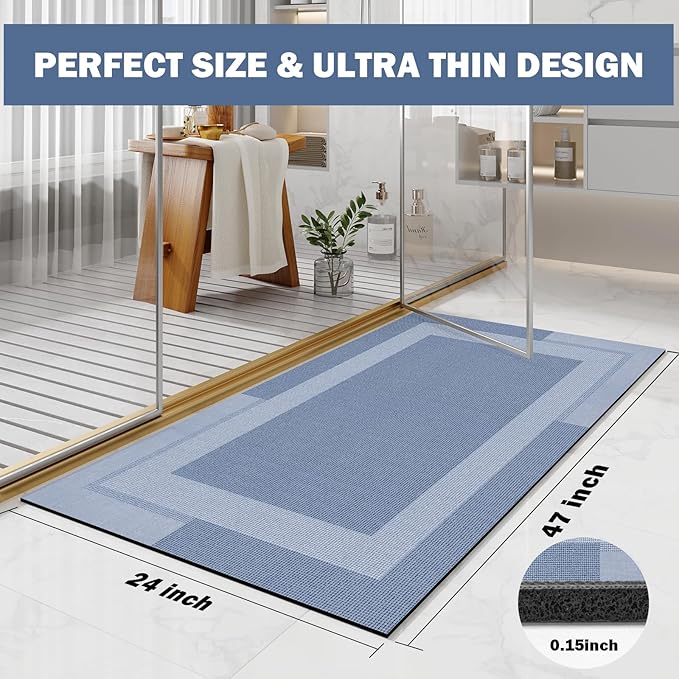 Non Slip Long Bath Mat Bathroom Runner, Rubber Backing Ultra Thin Bathroom Rugs Fit Under Door Quick Dry Super Absorbent Washable Bath Rug Shower Mat for Bathtub Sink Floor, Blue 24"x48"