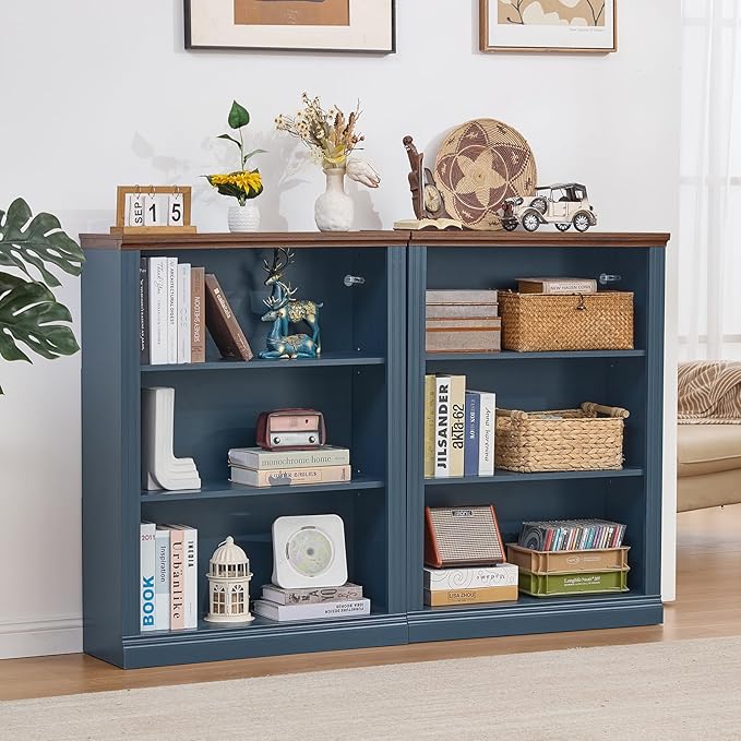 43" Blue Tall Bookshelf Set of 2,3-Tier Thick Wooden Book Shelf with Adjustable Shelves,Free Standing Farmhouse Bookcase with Open Display Storage,Floor Vintage Bookshelves for Living Room