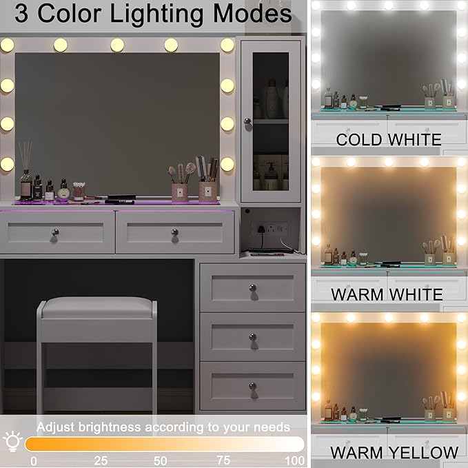 White 43" W Vanity Desk with Mirror & 11 Lights, 3 Drawer & 2 RGB Drawer Modern Makeup Desk with Glass top & Cushioned Stool, 3 Lighting Modes Brightness Adjustable,Power Outlet,Bedroom