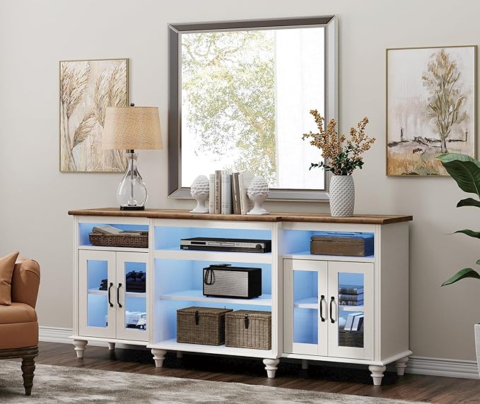 WAMPAT Farmhouse TV Stand with Blue LED Light, 4-Door Glass Wood Entertainment Center with 9 Storage Cabinets, Media Console Table for Living Room Bedroom，70'', Antique White