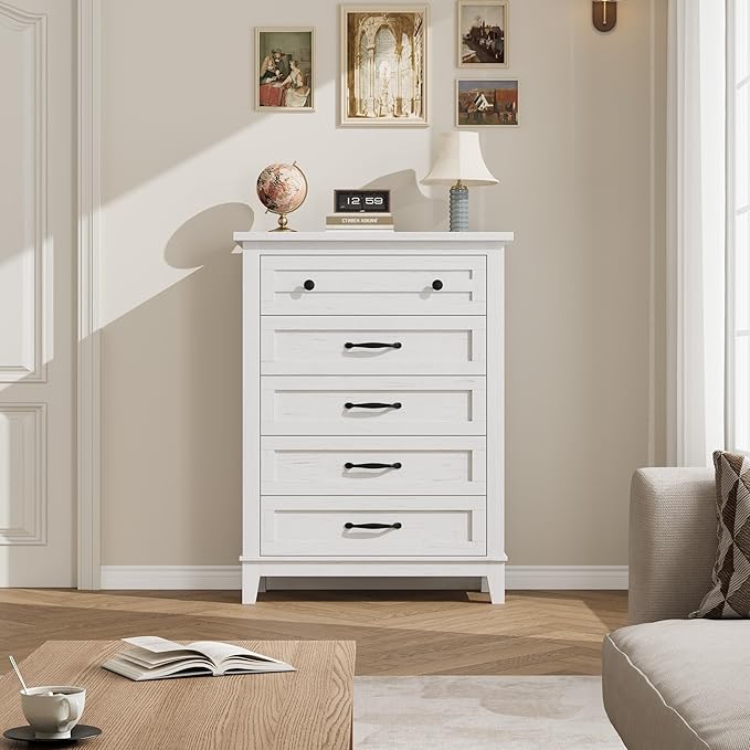 GarveeHome 5 Dresser for Bedroom, 41.3" Tall Vertical Drawer Dresser with Large Storage, Freestanding Wooden Closet Chest for Bedroom, Living Room, White