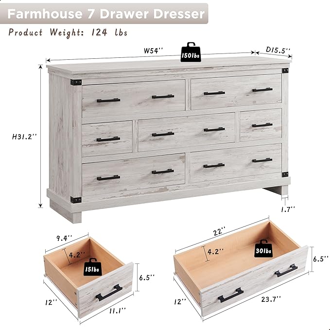 Farmhouse 7 Drawers Dresser for Bedroom, Wood Large Chest of Drawers with Thick Plank Styling, Rustic Closet Dresser for Bedroom, Living Room, Antique Brush White